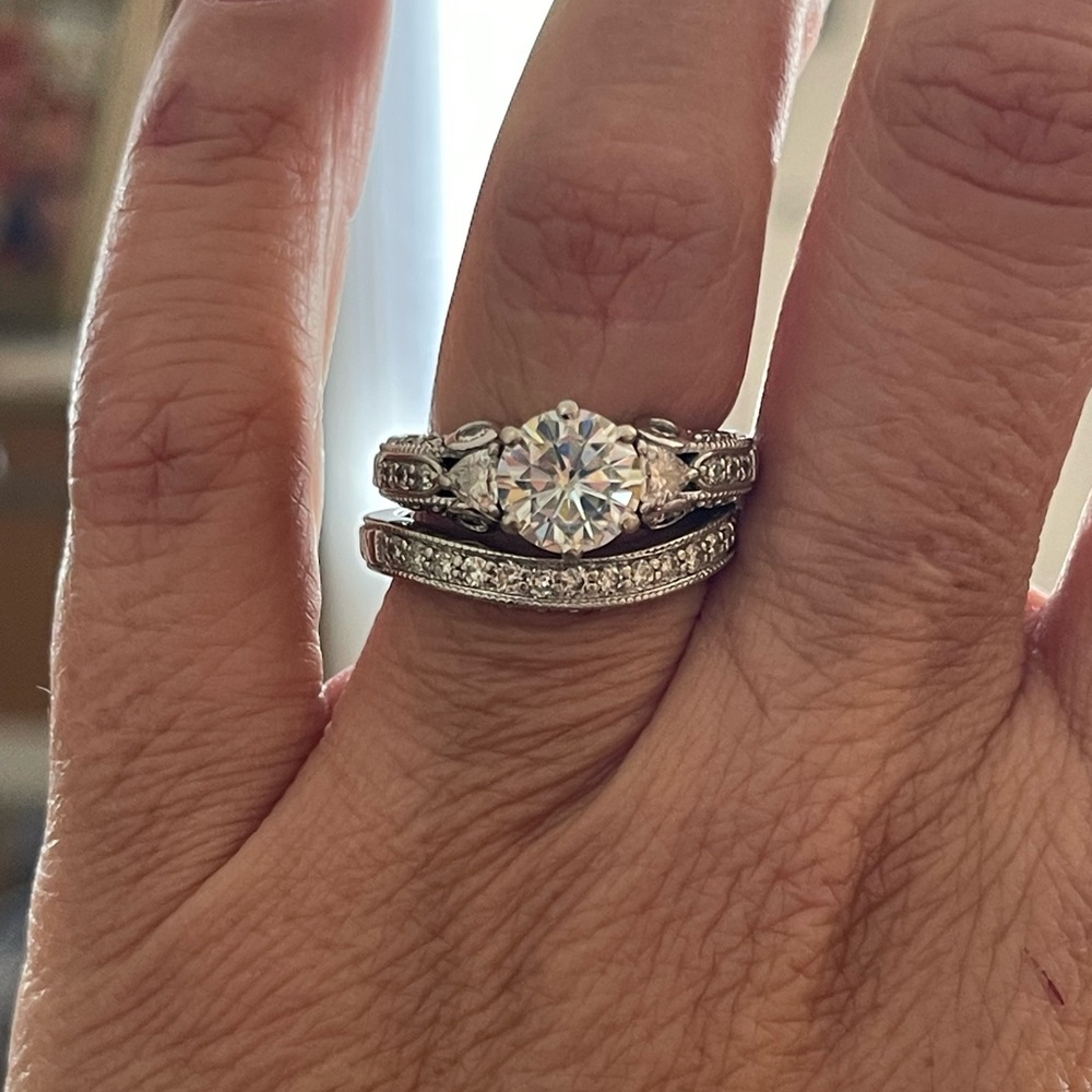 Rare Vintage Custom Milgrain Scrollwork C&C Moissanite Wedding Ring Set 14K
